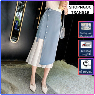 Chân Váy Thiết Kế Phối Lụa Đính Cúc Dáng Dài 75cm Nơ lệch Thời Trang Nữ_SHOPNGOCTRANG19_CV129NT