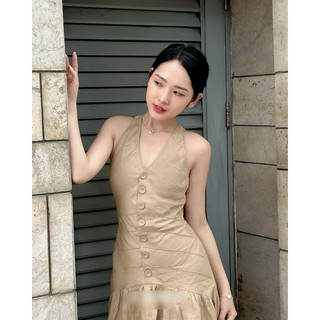 [Mya house] Đầm maxi linen nâu tây phối nút