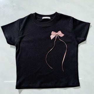 Áo kiểu tay ngắn croptop đính dây nơ hồng bên ngực cực hot , chất thun bozip co giãn dày dặn
