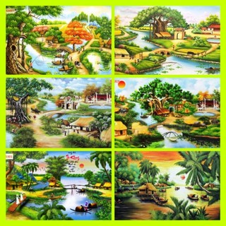 Tranh phong cảnh làng quê đồng quê dán tường 3d