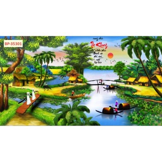 Tranh phong cảnh làng quê đồng quê dán tường 3d