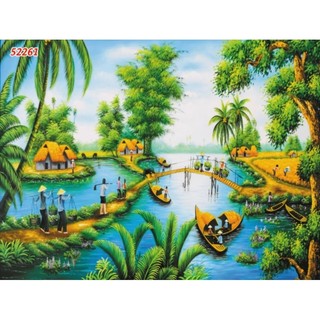 Tranh phong cảnh làng quê đồng quê dán tường 3d