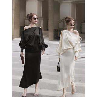 Set lụa áo lệch vai nơ chân váy đuôi cá dài sang trọng