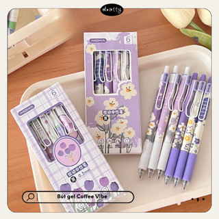 Bút Gel Mực Đen Ngòi Kim 0.5mm, Bút Bi Bấm Màu Tím Pastel Họa Tiết Hoa Tuylip Sáng Tạo, Dotty  - Văn Phòng Phẩm Cao Cấp