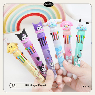 Bút Bi 10 Ngòi Nhiều Màu Họa Tiết Kuromi, Đầu Bấm Gấu Cao Su Xinh Xắn, Dotty Stationery - Văn Phòng Phẩm