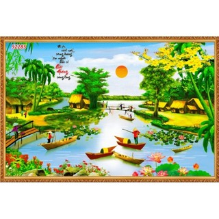 Tranh phong cảnh làng quê đồng quê dán tường 3d
