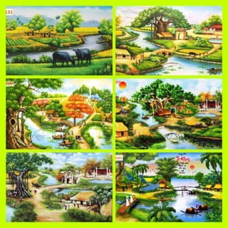 Tranh phong cảnh làng quê đồng quê dán tường 3d
