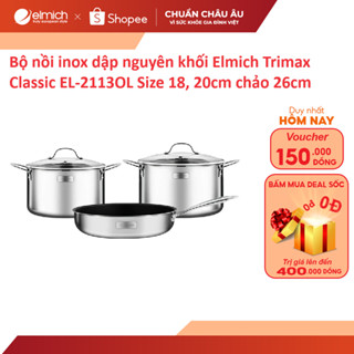 Bộ nồi inox dập nguyên khối Elmich Trimax EL-2113OL Size 18, 20cm chảo 26cm ( Bản nâng cấp )