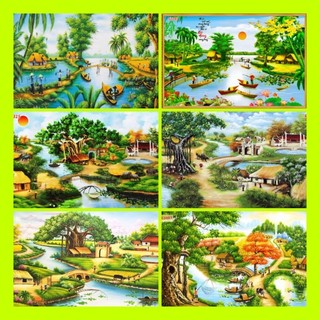 Tranh phong cảnh làng quê đồng quê dán tường 3d
