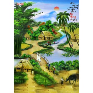 Tranh phong cảnh làng quê đồng quê dán tường 3d khổ dọc