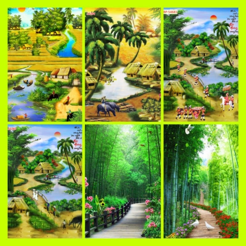 Tranh phong cảnh làng quê đồng quê dán tường 3d khổ dọc