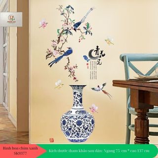 Decal dán tường bình hoa đào và chim xanh