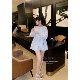 Set áo váy sơ mi kiểu Hàn quốc kèm quần, áo babydoll trắng xanh