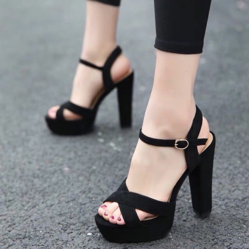Sandal cao 12 phân chất da gót trụ đúp đế trước 3 phân