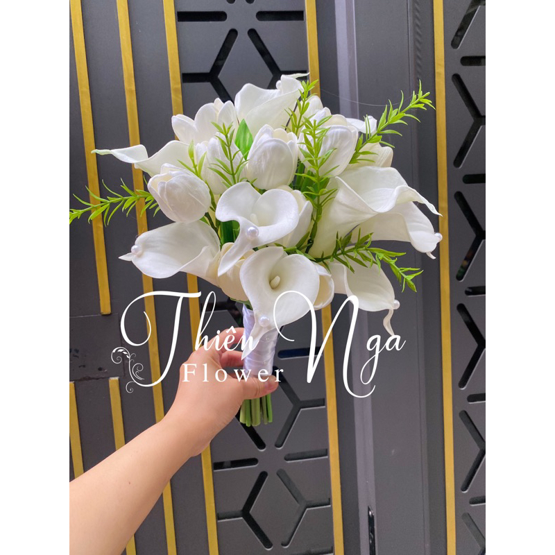 Hoa lụa , Hoa cưới tulip mix hoa linh lan cao cấp
