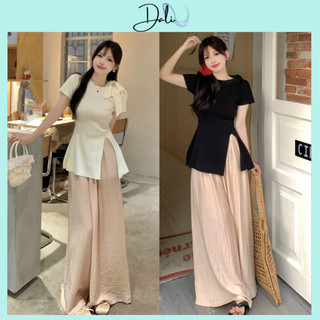 Set Tiểu Thư 2 Món Gồm Áo Tăm Cổ Nơ Xẻ Tà + Quần Xuông Chất Liệu Đũi Nhăn Dáng Hàn Quốc