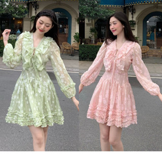 Đầm Hoa Cổ Bèo HAMY.FASHION Váy Tiểu Thư Dài Tay Chất Voan In Nổi 3 Màu Cao Cấp Đẹp Quyến Rũ ,Sang Trọng - Đầm Thiết Kế 