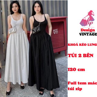 Váy nữ body maxi 2 dây thiết kế tùng dáng xòe che bụng có túi, đầm màu đen trắng dài dự tiệc mùa hè đi biển G33