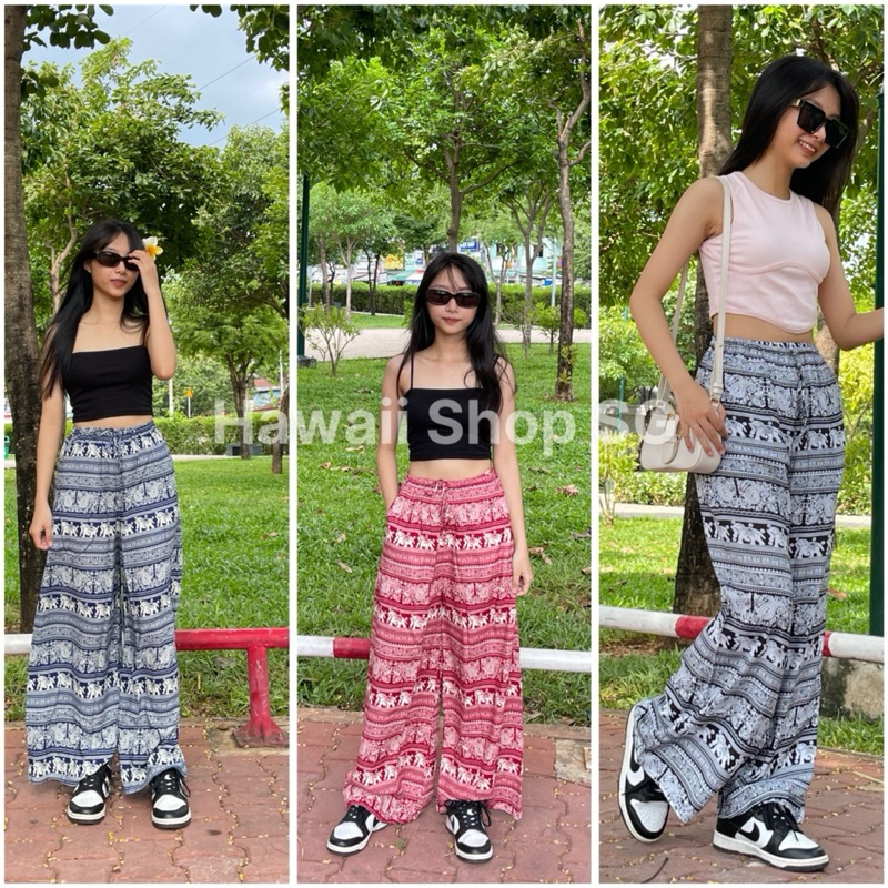   40-70kg  Quần dài suông ống Rộng hoạ tiết thổ cẩm hoạ tiết hoa lá vải lanh mát túi 2bên sâu rộng 