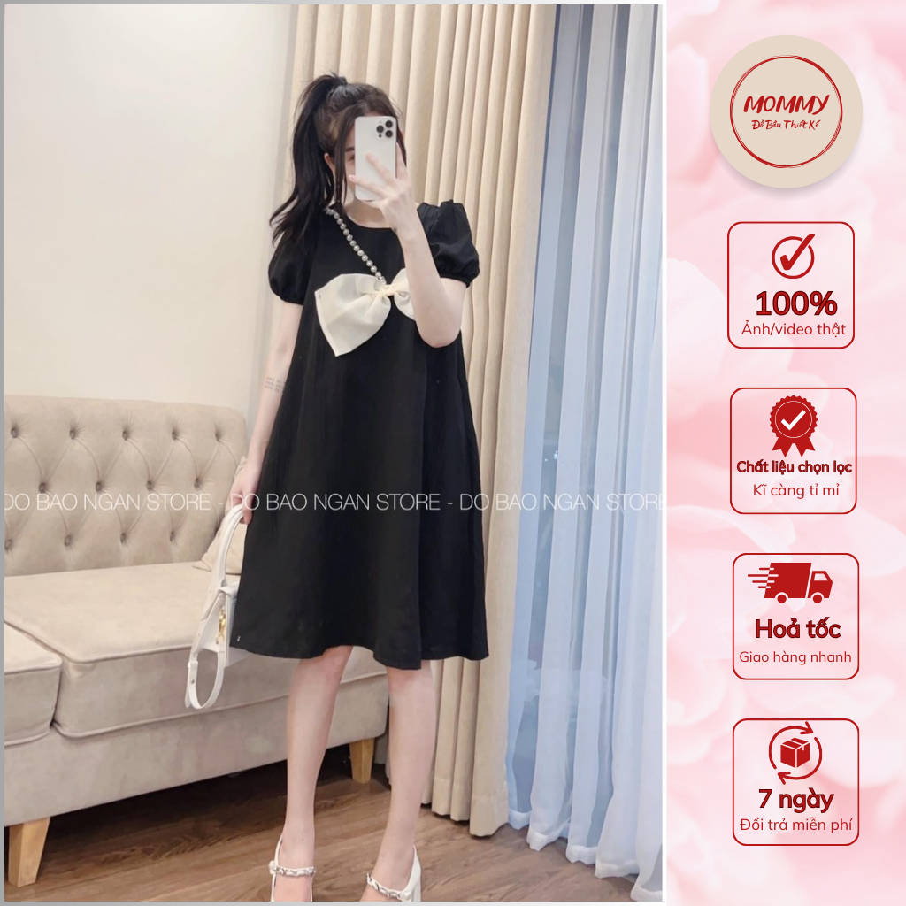 Váy bầu xinh Mommy, đầm bầu dự tiệc thiết kế dáng xuông tay phồng đính ngọc, nơ ngực xinh xắn điệu đà