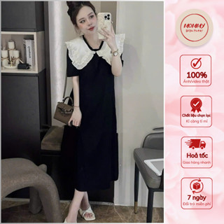 Đầm bầu dự tiệc Mommy, váy bầu công sở dáng dài cổ bánh bèo đính ngọc, chất đũi lụa mềm mát lên dáng cực xinh