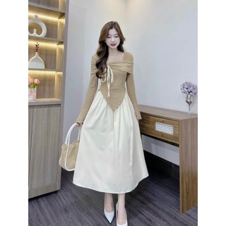 Set váy áo xốp váy chất tuyết mưa thời trang nữ dịu dàng nữ tính , áo dài tay phối dây nơ váy dài xòe