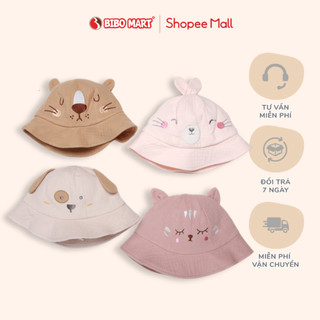 Mũ vành Bibo's vải xô ghi thêu cún hình thú nhiều màu sắc cho bé trai, bé gái từ 1-3Y