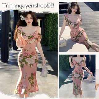 Đầm Body Hoa Dáng Dài Cam Đào Siêu Xinh Hở Vai Gợi Cảm