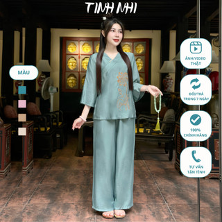 Đồ lam pháp phục đũi thêu sen TINH NHI mềm mại thoáng mát PP182