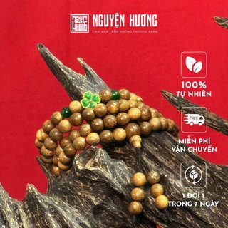 Vòng tay trầm hương Tứ Hỷ 108 hạt NGUYỆN HƯƠNG đính cỏ 4 lá xanh lá mang may mắn, kích thước 6/7/8 mm
