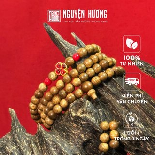 Vòng tay trầm hương Tứ Hỷ 108 hạt NGUYỆN HƯƠNG đính cỏ 4 lá đỏ tươi mang may mắn, kích thước 6/7/8mm