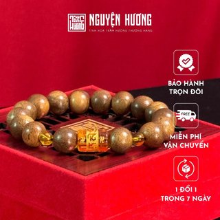 Vòng tay trầm hương Định Tâm banh tròn Mệnh Thổ NGUYỆN HƯƠNG, đính charm phong thuỷ, kích thước 10/12/14mm