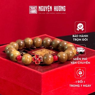 Vòng tay trầm hương Tứ Hỷ banh tròn NGUYỆN HƯƠNG đính cỏ 4 lá đỏ tươi mang may mắn, kích thước 10/12/14 mm