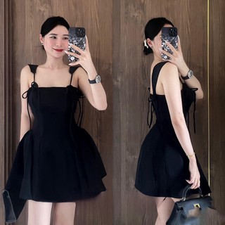 Đầm, váy hai dây dáng ngắn xòe chiết eo hàng hai lớp dày dặn, mềm mịn, sang chảnh