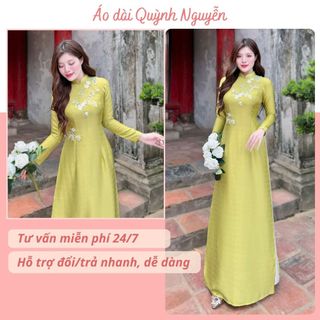Áo dài thiết kế, áo dài lụa vẫn gỗ xanh cốm cao cấp áo dài nữ thêu Áo dài Quỳnh Nguyễn MÃ TK129