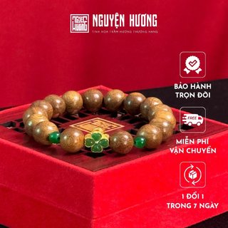 Vòng tay trầm hương Tứ Hỷ banh tròn NGUYỆN HƯƠNG đính cỏ 4 lá xanh lá mang may mắn, kích thước 10/12/14 mm