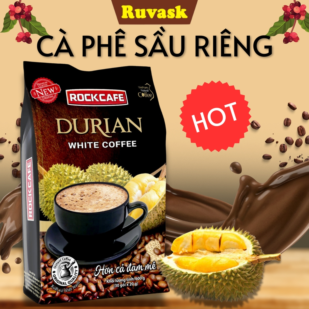 Cà Phê SẦU RIÊNG Rockcafe Túi 30 gói x 20 g - Rock cafe Vị Sầu Riêng Mẫu Mới - White Coffee Ruvask