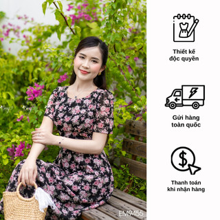 Đầm EMY EM9455 Xoè Hoa Nền Đen
