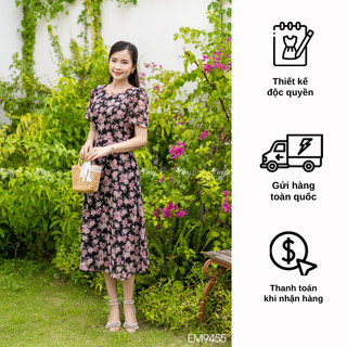 Đầm EMY EM9455 Xoè Hoa Nền Đen