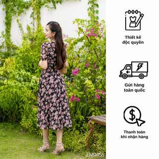 Đầm EMY EM9455 Xoè Hoa Nền Đen