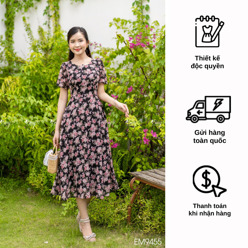 Đầm EMY EM9455 Xoè Hoa Nền Đen