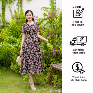 Đầm emy em9455 xoè hoa nền đen