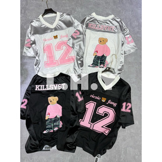 Áo phông QC unisex cổ tim form rộng tay lỡ thêu hình gấu hồng số 12 siêu hot hàng l1