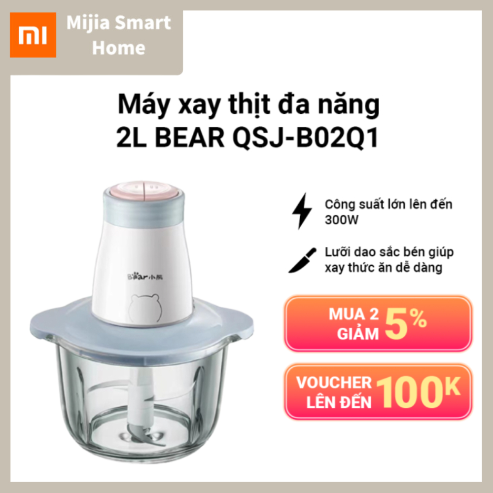 Máy Xay Thịt Inox Đa Năng Bear QSJ-B02Q1 Cối xay thịt thuỷ tinh Máy xay đa năng ăn dặm cho bé Dung tích 2L 4 Lưỡi dao bằ