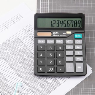 Máy tính Deli E837 hiển thị 12 số - Màu đen, bảo hành 3 năm, sử dụng pin và năng lượng mặt trời