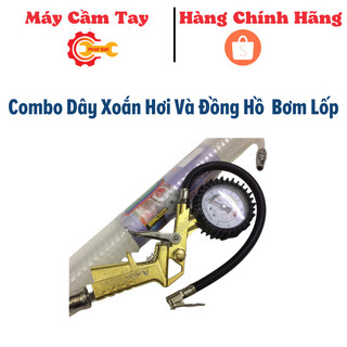 Combo Dây xoắn hơi 9m và đồng hồ bơm lốp Đài Loan