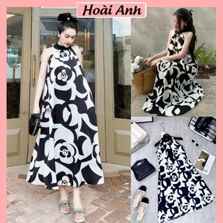 Váy Yếm Maxi Họa Tiết Hoa Trà Đen Trắng Diện Biển Đầm Bầu Nữ Freesize Dáng Suông Rộng