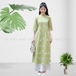  Áo dài cách tân An Vy xanh bơ,áo dài 4 tà dáng xuông chất liệu tơ nhăn thêu cao cấp phối lót chiffon 