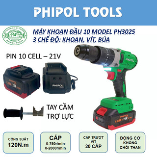 Máy khoan pin đầu kẹp 13 ly PHIPOL, 3 chế độ khoan, vít, búa, động cơ không chổi thân, chân pin phổ thông