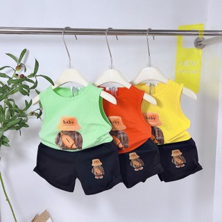 Bộ ba lỗ mùa hè hình Gấu Mũ  chất cotton 4c 3 màu cho bé 6-18kg